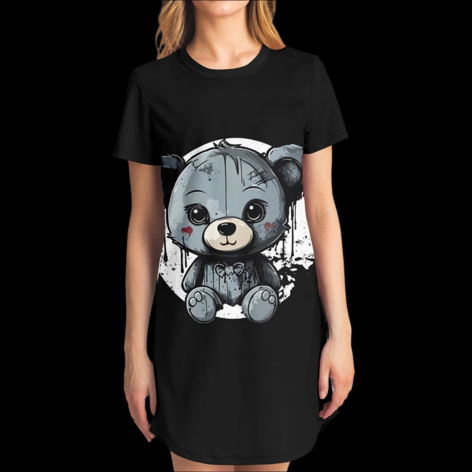 Distressed Teddy Bear T-Shirt Dress - Cute Spooky