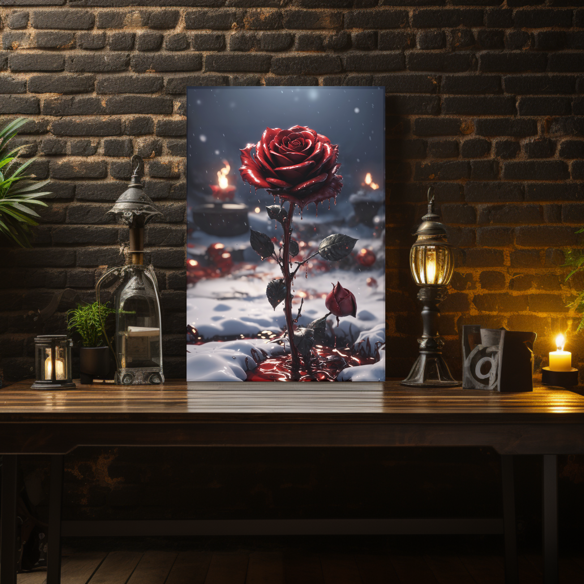 Crimson Rose Winter Canvas Print - Dark Romantic Art