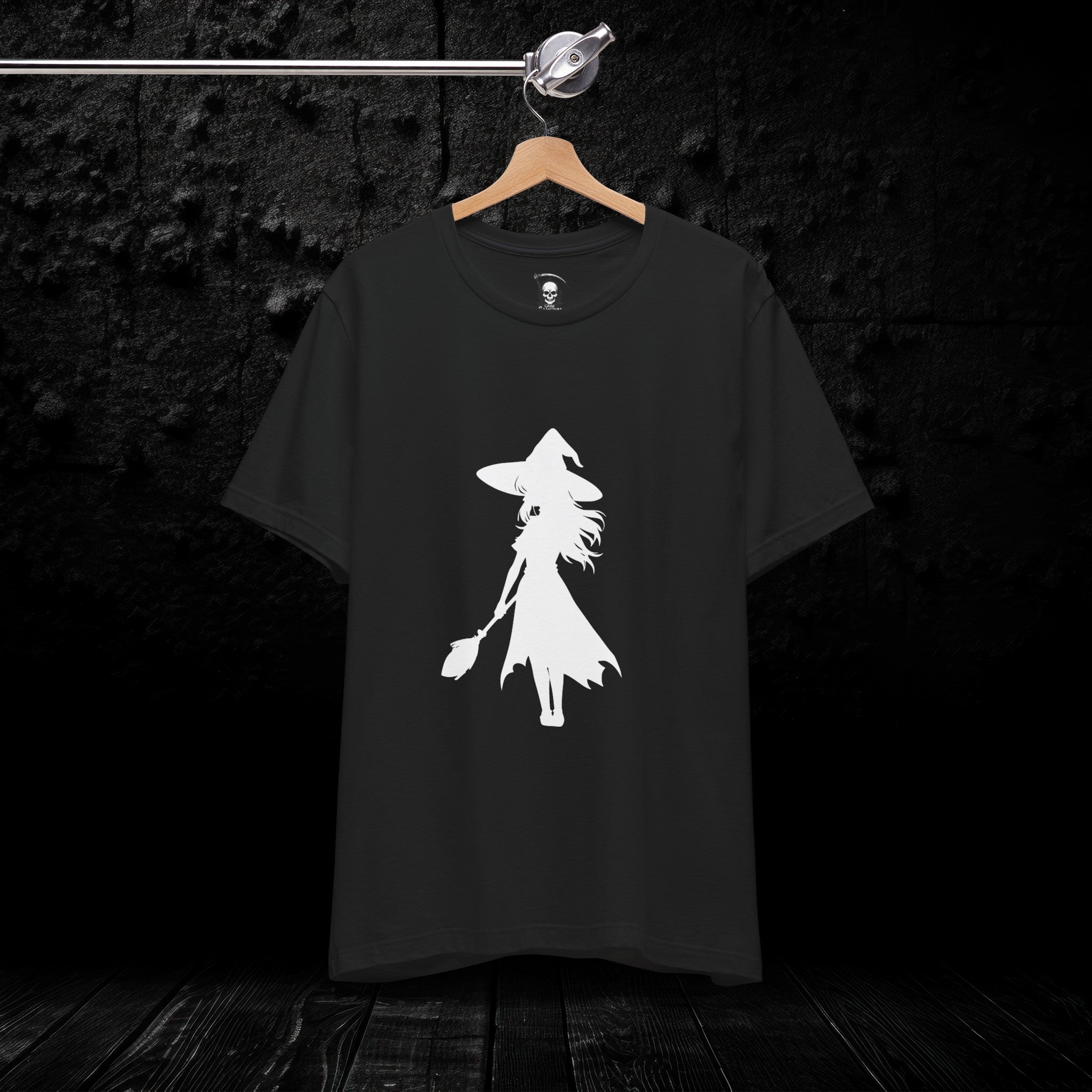 Wicked Witch Silhouette T-Shirt - Enchanting Gothic Style with Spine Print