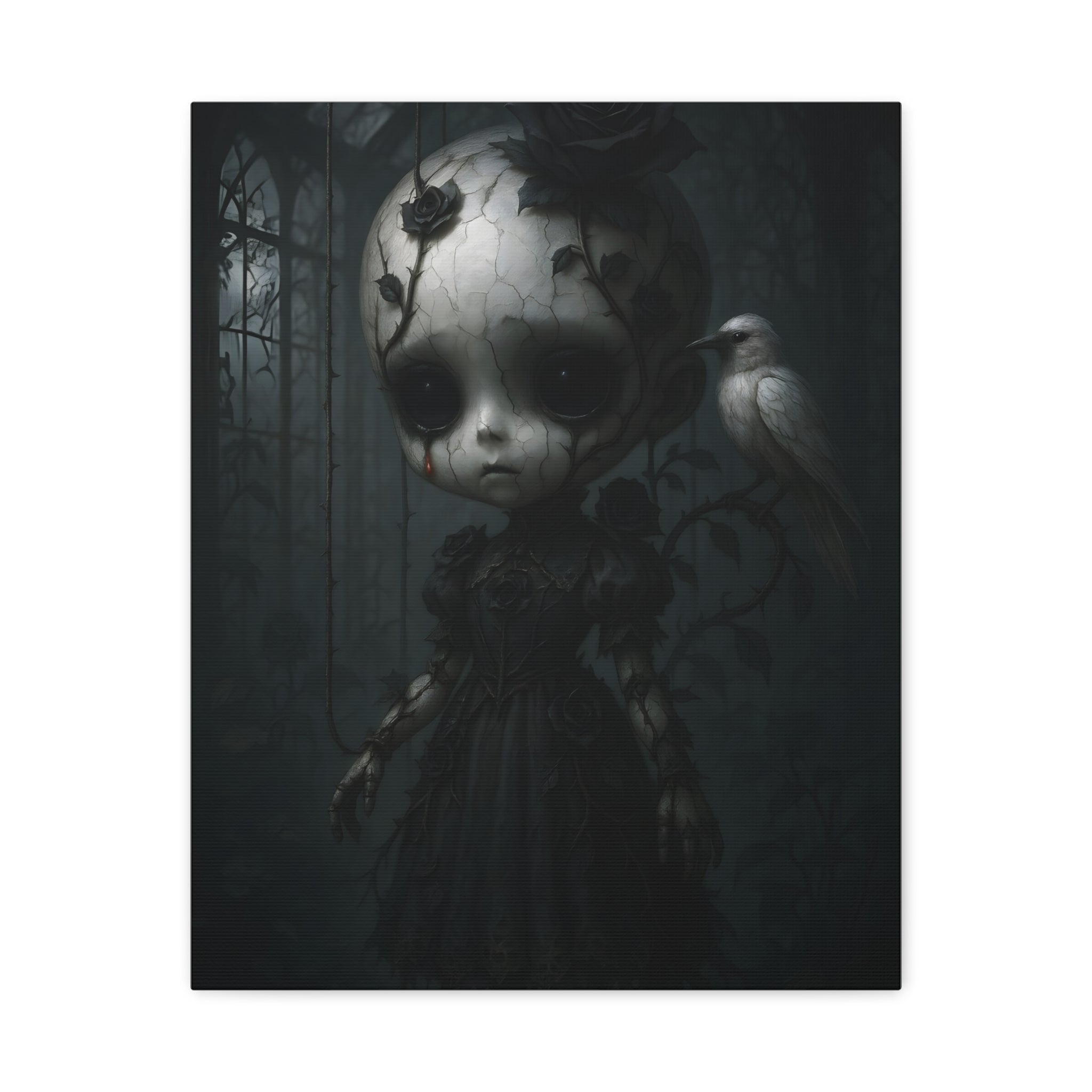 Enchanted Gothic Doll & White Raven Canvas Art – Cracked Porcelain Marionette in Moonlit Greenhouse | Surreal Dark Fantasy Wall Decor