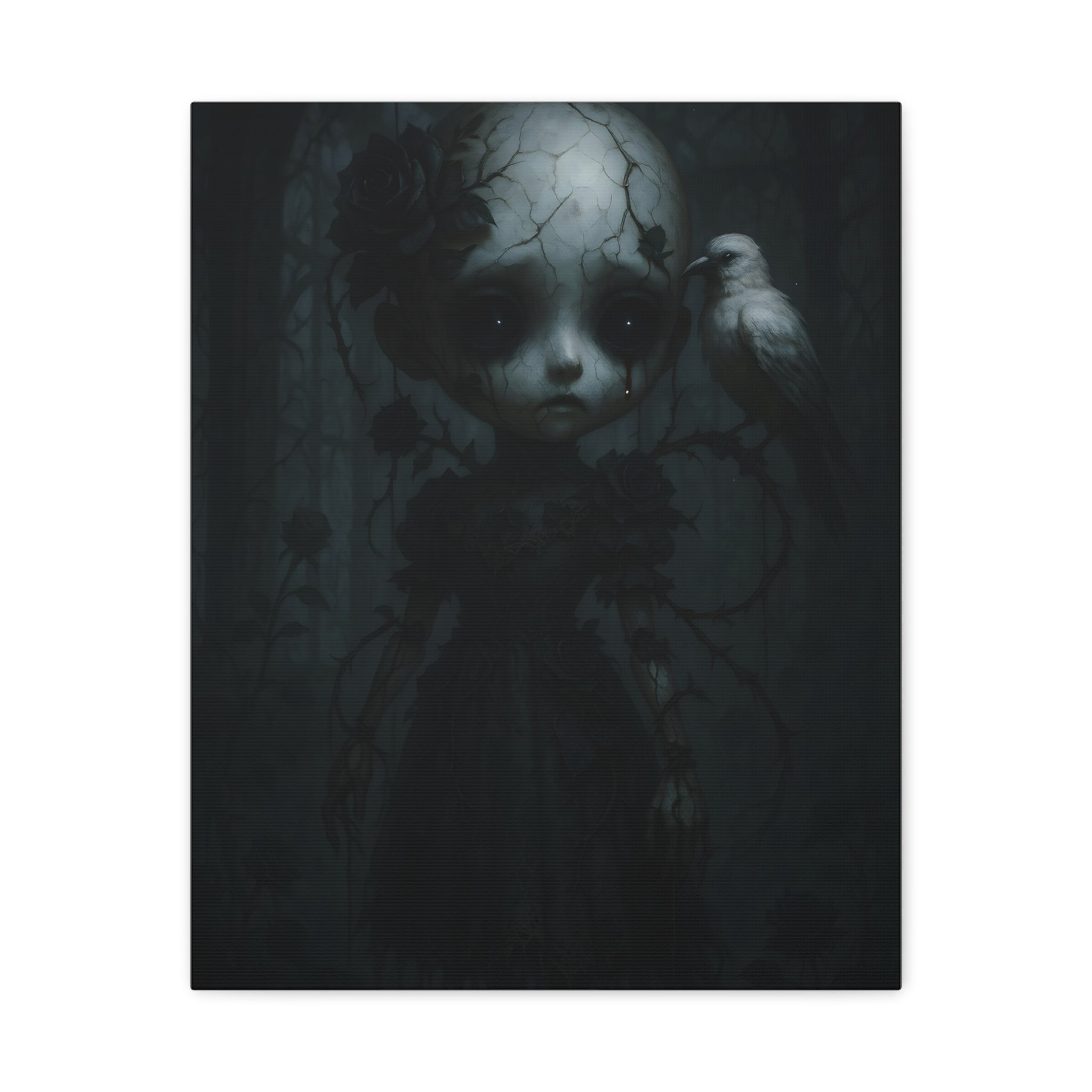 Gothic Cracked Doll Canvas Art with Raven – Dark Victorian Surreal Wall Decor | Haunted Gothic Home Accent