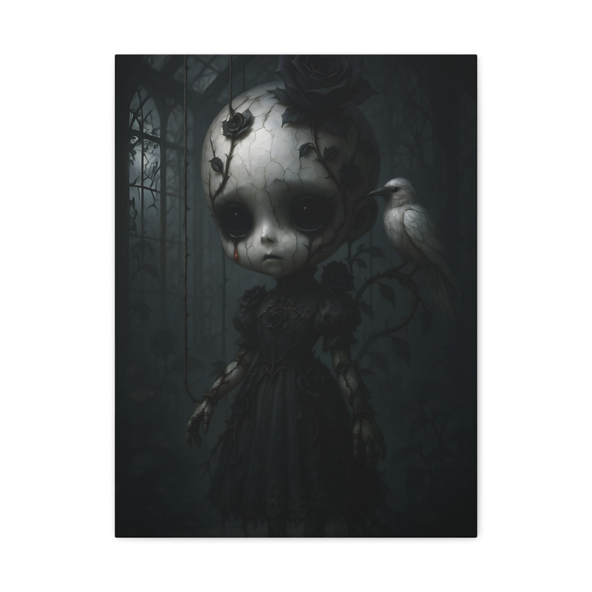 Enchanted Gothic Doll & White Raven Canvas Art – Cracked Porcelain Marionette in Moonlit Greenhouse | Surreal Dark Fantasy Wall Decor