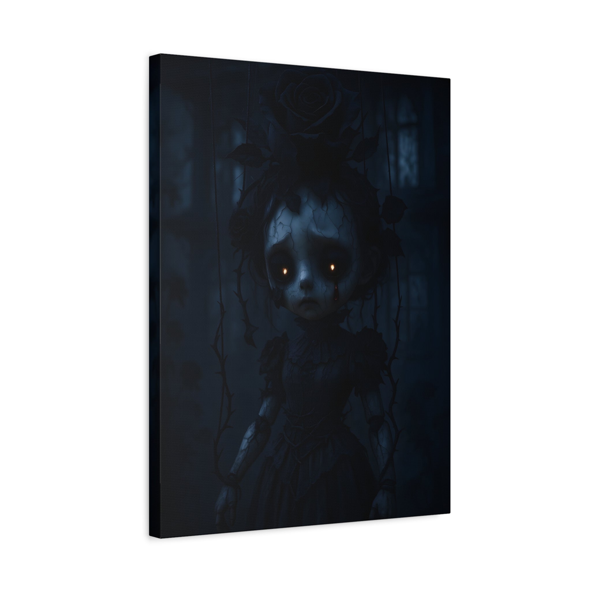 Gothic Dark Rose Marionette Canvas Art – Haunted Victorian Doll Wall Decor | Edgy Surreal Gothic Home Accent