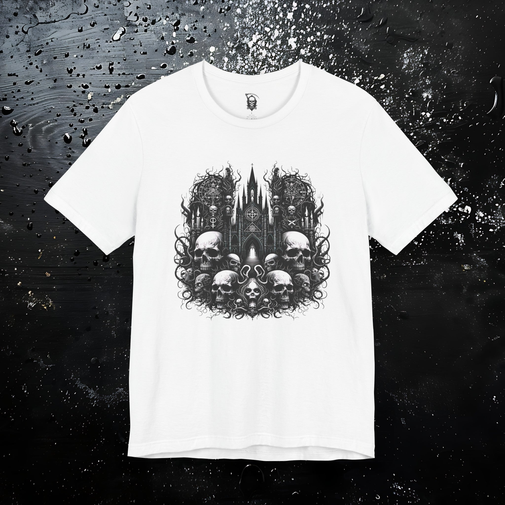 Gothic Cathedral Skull T-Shirt - Dark Elegance and Occult Symbolism