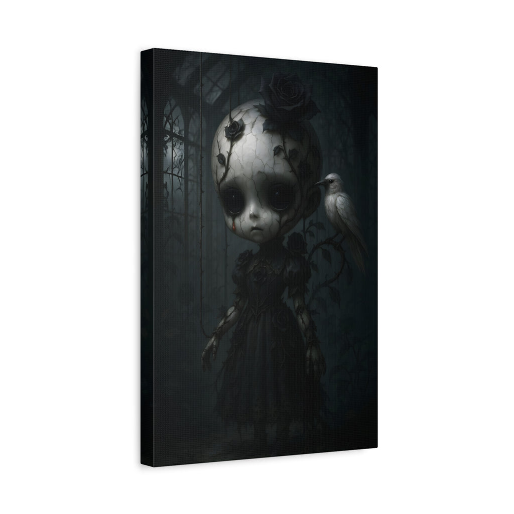 Enchanted Gothic Doll & White Raven Canvas Art – Cracked Porcelain Marionette in Moonlit Greenhouse | Surreal Dark Fantasy Wall Decor