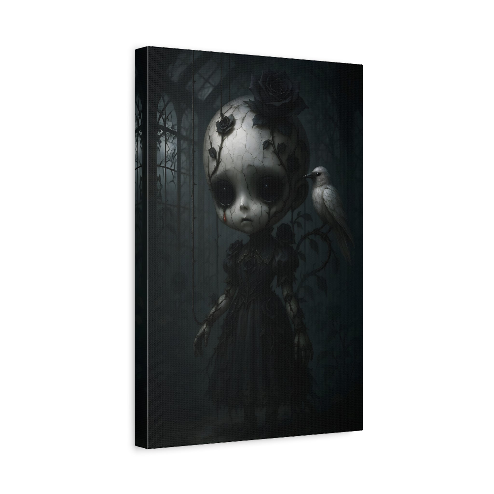 Enchanted Gothic Doll & White Raven Canvas Art – Cracked Porcelain Marionette in Moonlit Greenhouse | Surreal Dark Fantasy Wall Decor