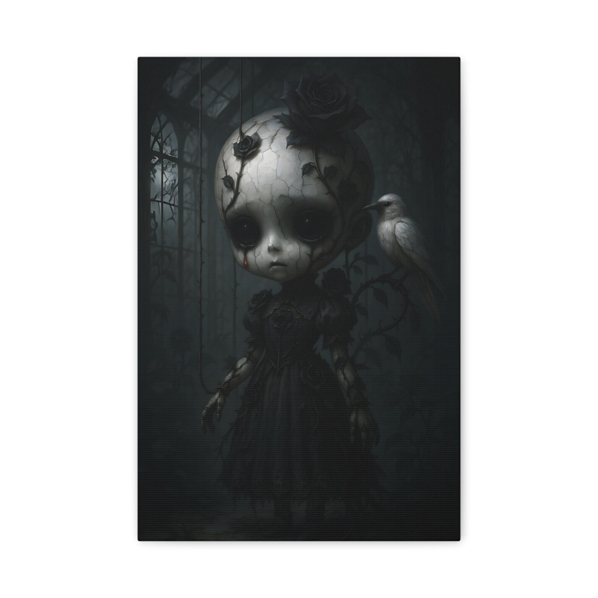 Enchanted Gothic Doll & White Raven Canvas Art – Cracked Porcelain Marionette in Moonlit Greenhouse | Surreal Dark Fantasy Wall Decor
