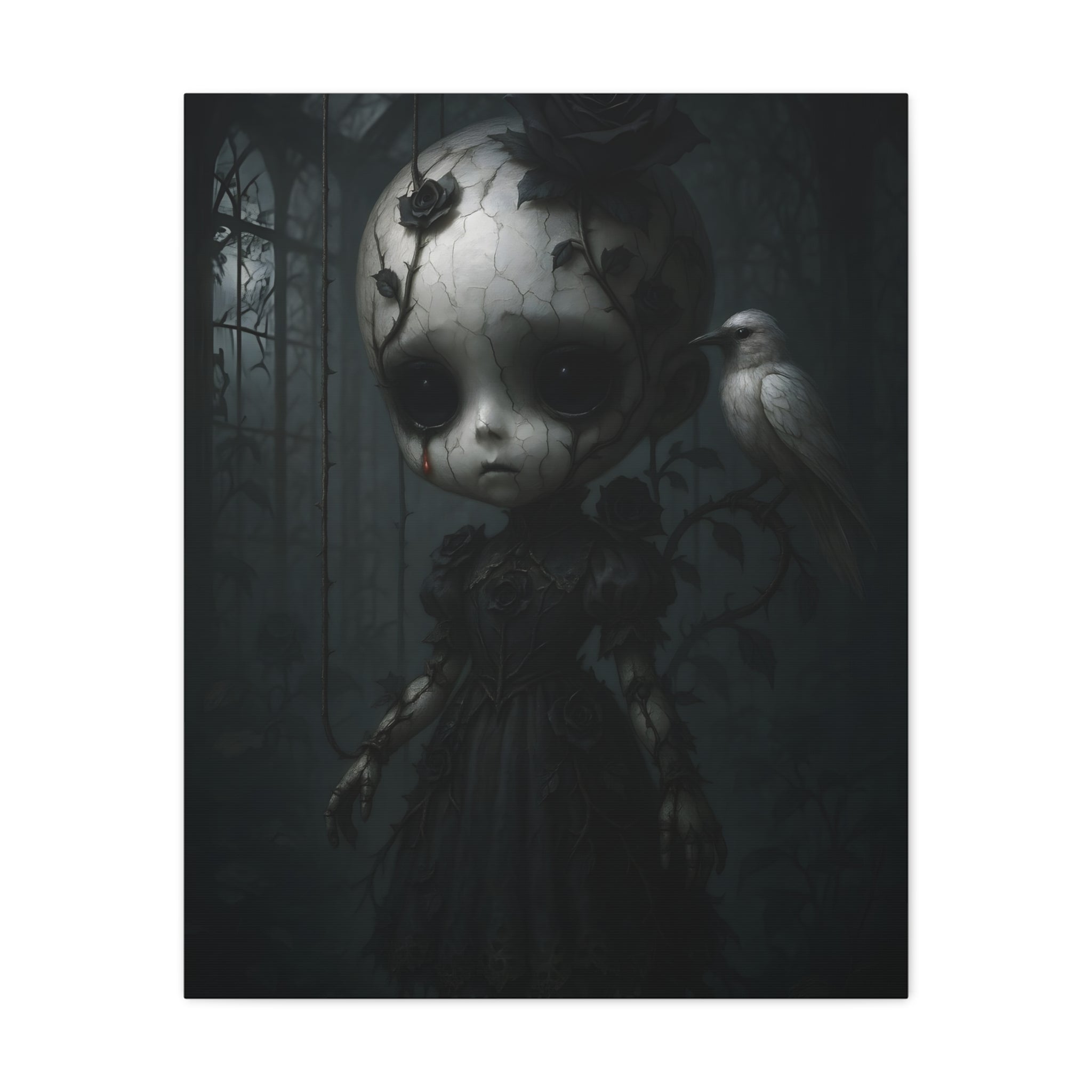 Enchanted Gothic Doll & White Raven Canvas Art – Cracked Porcelain Marionette in Moonlit Greenhouse | Surreal Dark Fantasy Wall Decor
