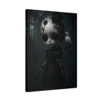 Enchanted Gothic Doll & White Raven Canvas Art – Cracked Porcelain Marionette in Moonlit Greenhouse | Surreal Dark Fantasy Wall Decor