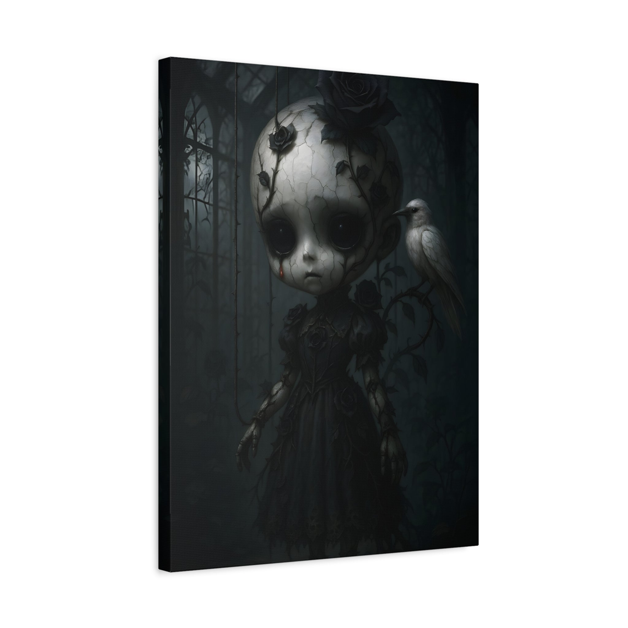 Enchanted Gothic Doll & White Raven Canvas Art – Cracked Porcelain Marionette in Moonlit Greenhouse | Surreal Dark Fantasy Wall Decor