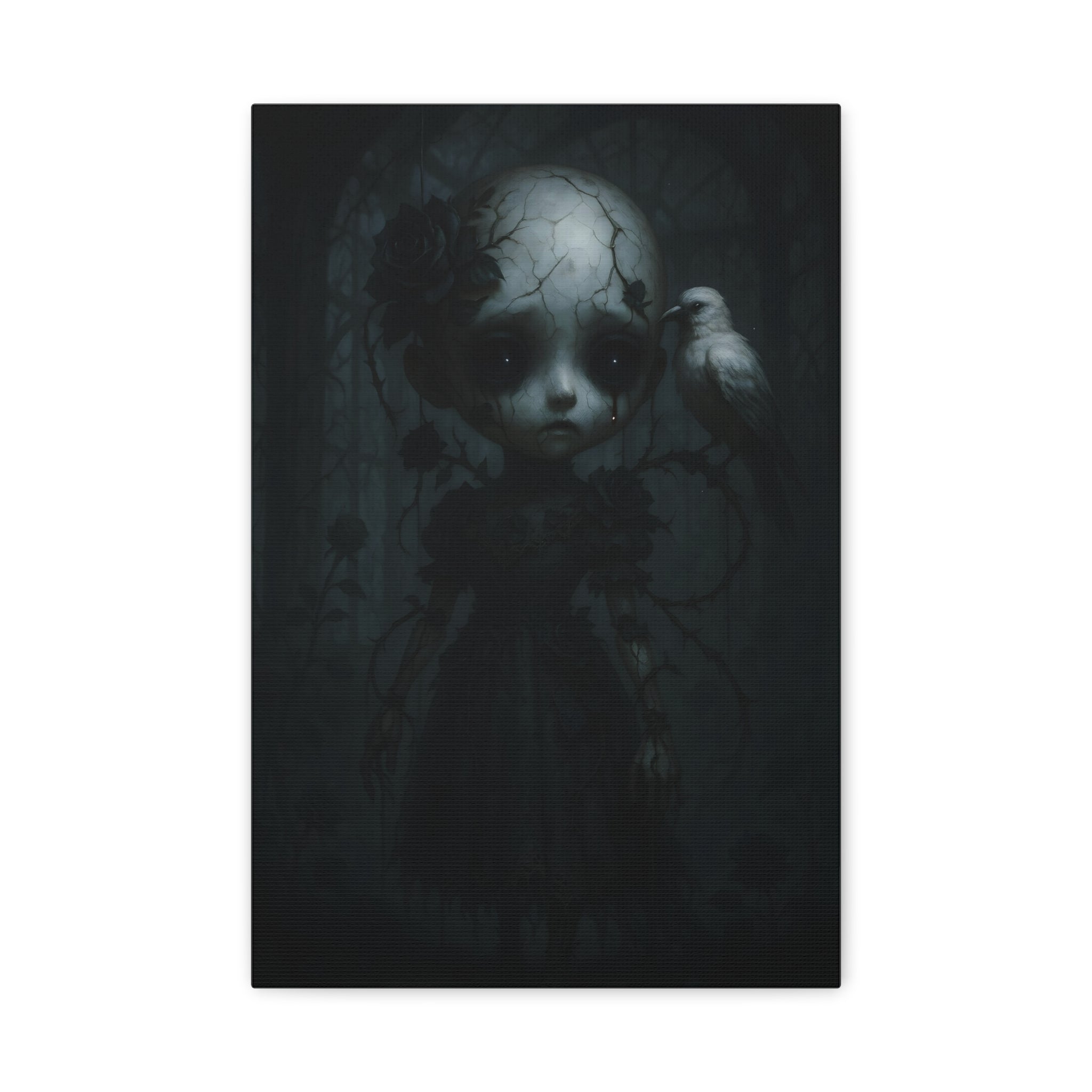 Gothic Cracked Doll Canvas Art with Raven – Dark Victorian Surreal Wall Decor | Haunted Gothic Home Accent