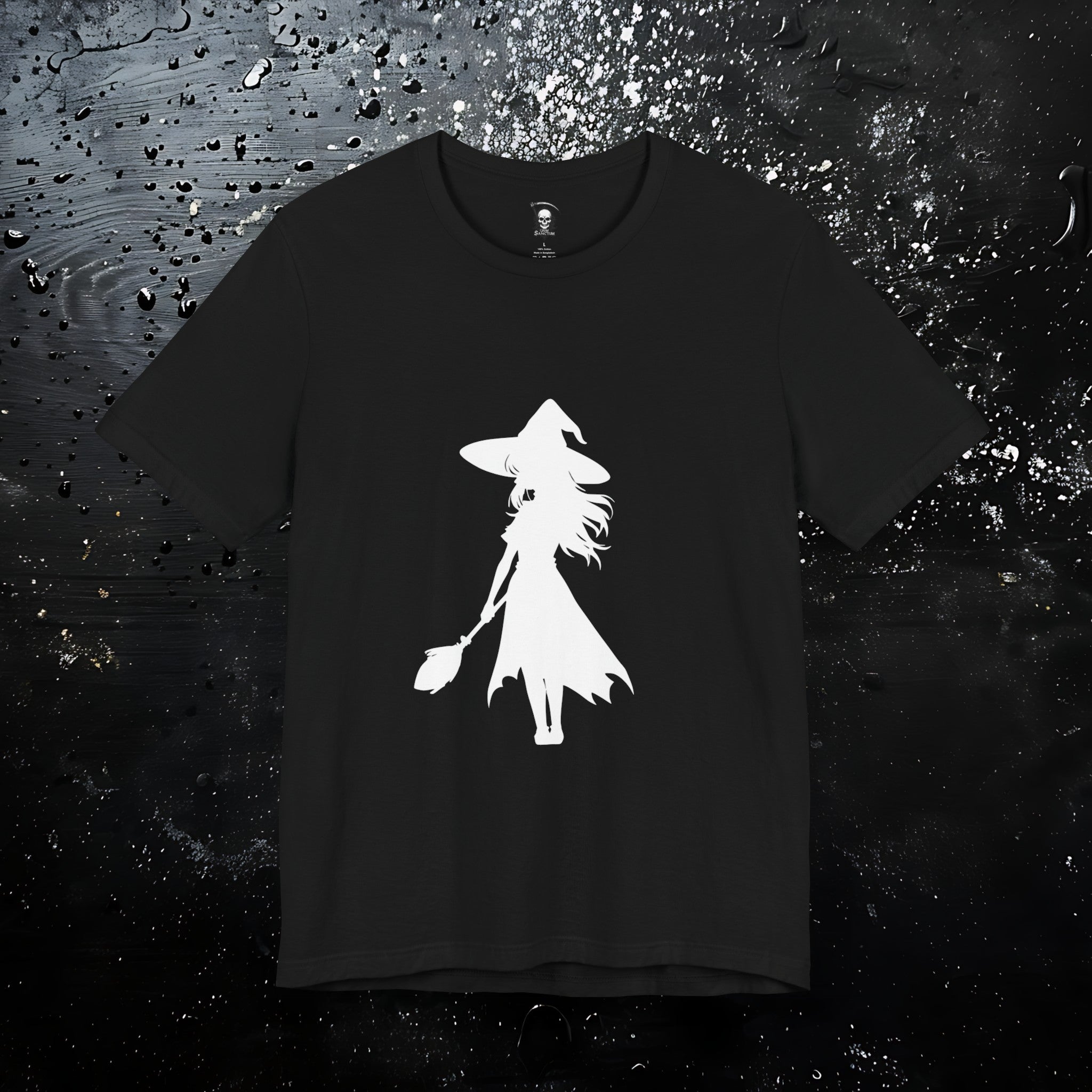 Wicked Witch Silhouette T-Shirt - Enchanting Gothic Style with Spine Print