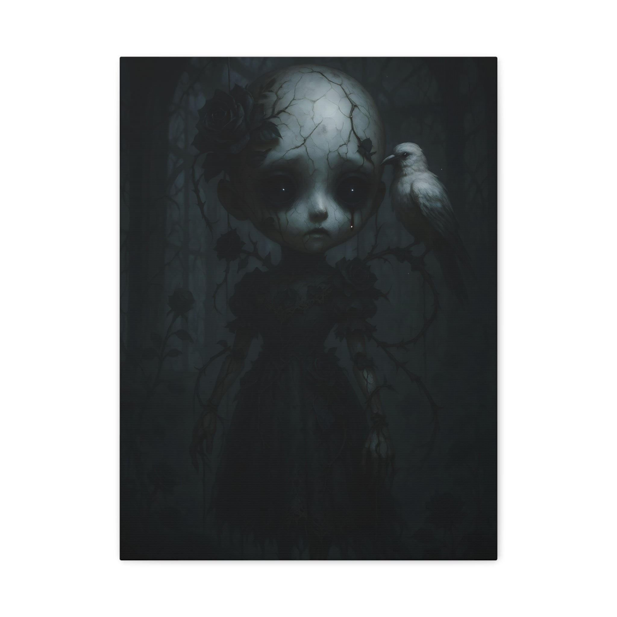 Gothic Cracked Doll Canvas Art with Raven – Dark Victorian Surreal Wall Decor | Haunted Gothic Home Accent