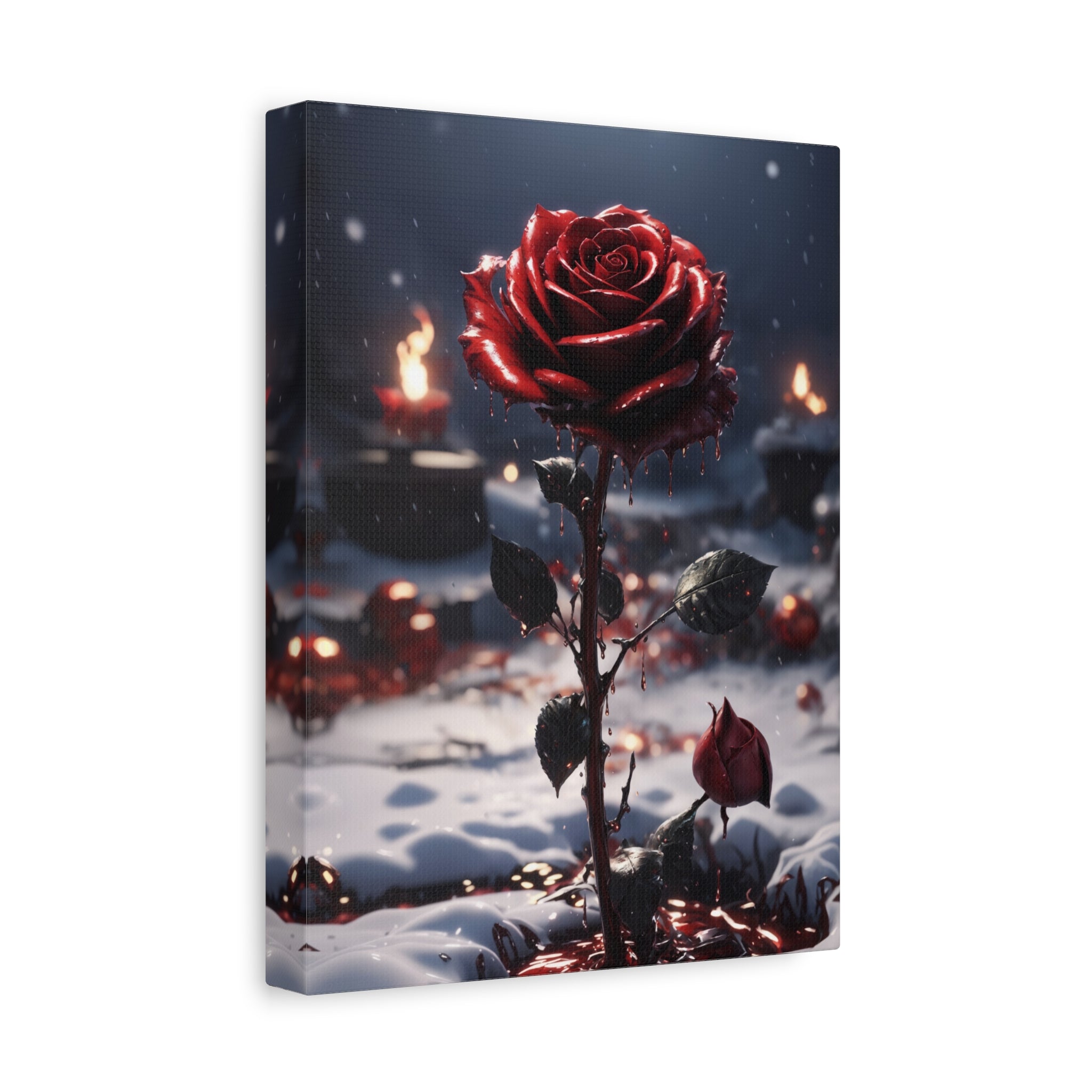  Crimson Rose Winter Canvas Print with blood-like drips and candles, a darkly romantic artwork