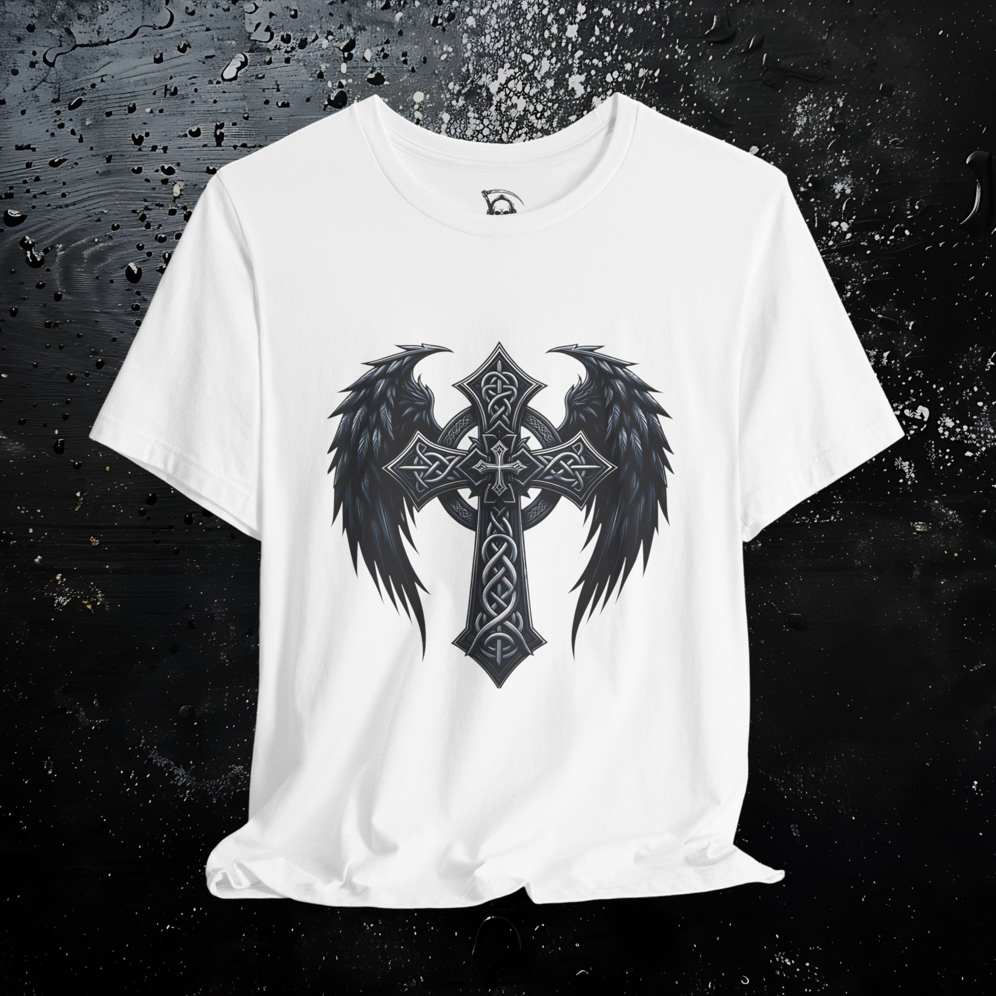 Gothic Celtic Winged Cross Unisex T shirt - Dark Elegance and Spiritual Mystique