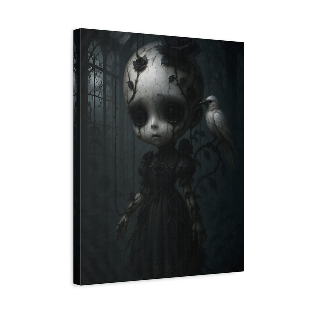 Enchanted Gothic Doll & White Raven Canvas Art – Cracked Porcelain Marionette in Moonlit Greenhouse | Surreal Dark Fantasy Wall Decor