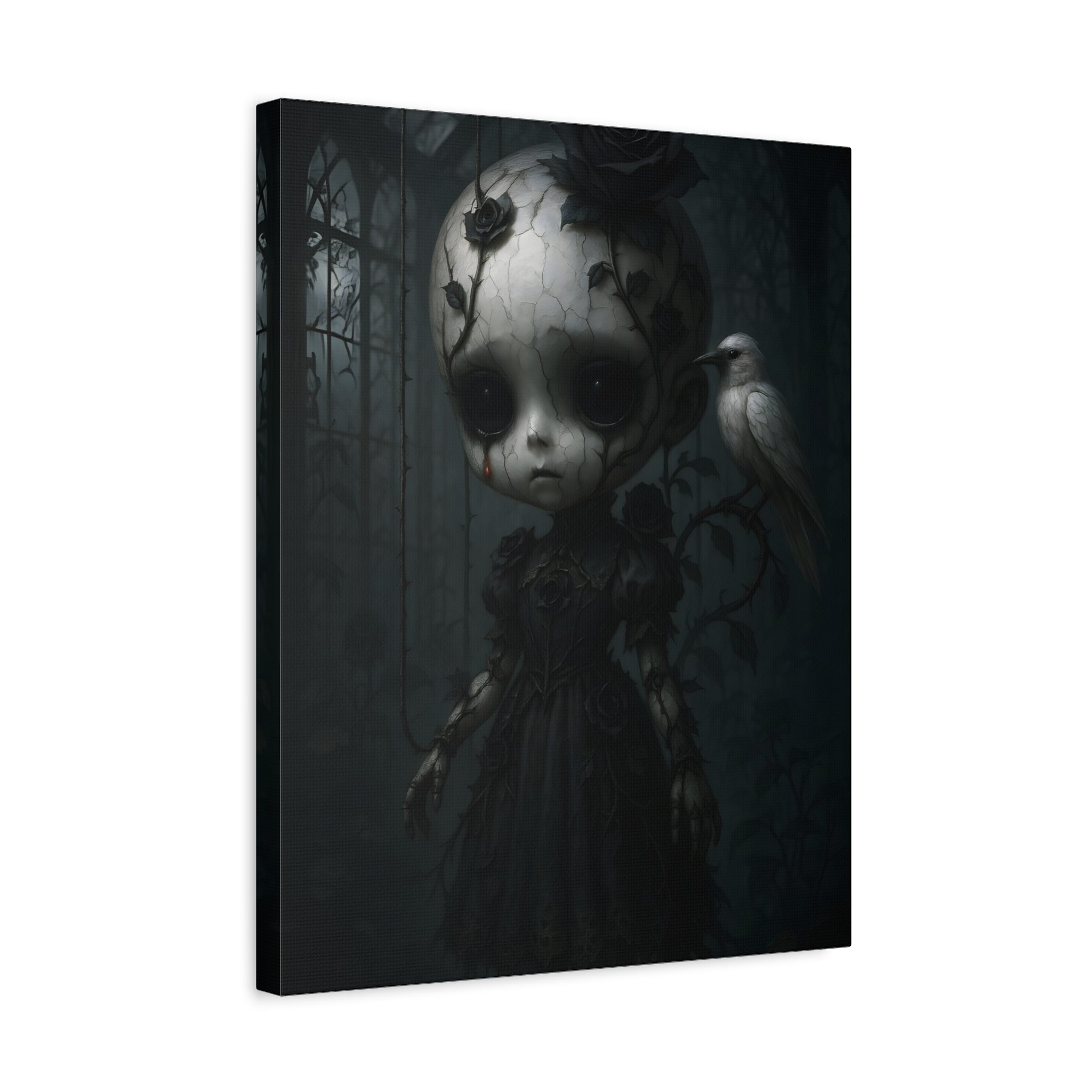 Enchanted Gothic Doll & White Raven Canvas Art – Cracked Porcelain Marionette in Moonlit Greenhouse | Surreal Dark Fantasy Wall Decor