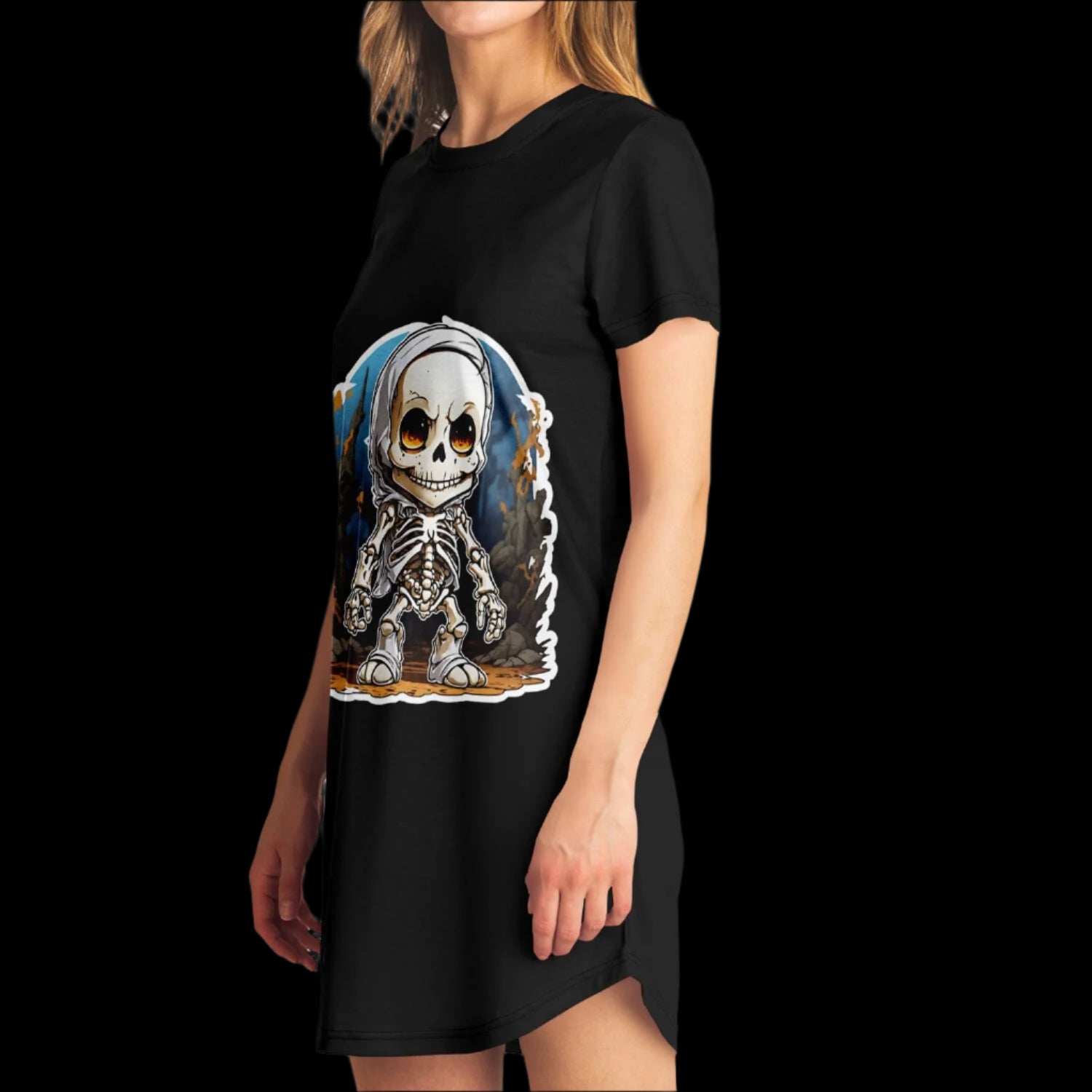 Little Horrors Rusty Ribs Skeleton T-Shirt Dress with chibi-style Rusty Ribs design.