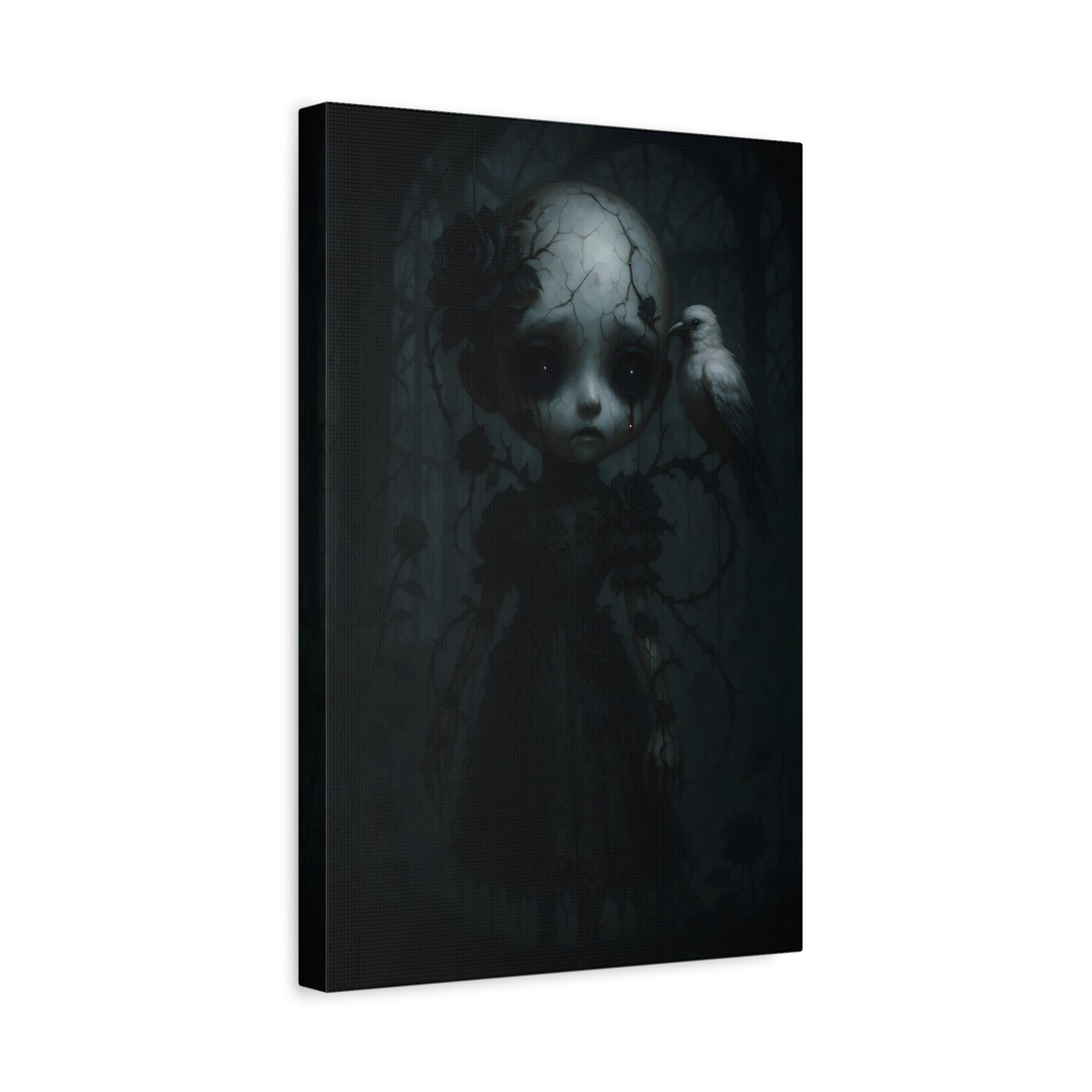 Gothic Cracked Doll Canvas Art with Raven – Dark Victorian Surreal Wall Decor | Haunted Gothic Home Accent