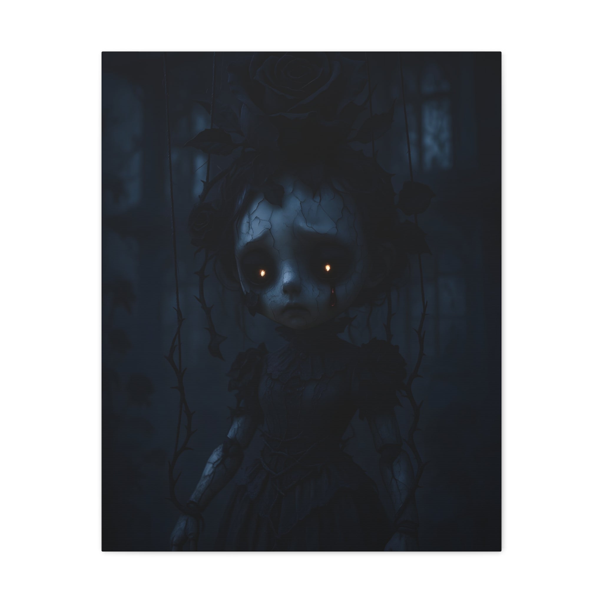 Gothic Dark Rose Marionette Canvas Art – Haunted Victorian Doll Wall Decor | Edgy Surreal Gothic Home Accent