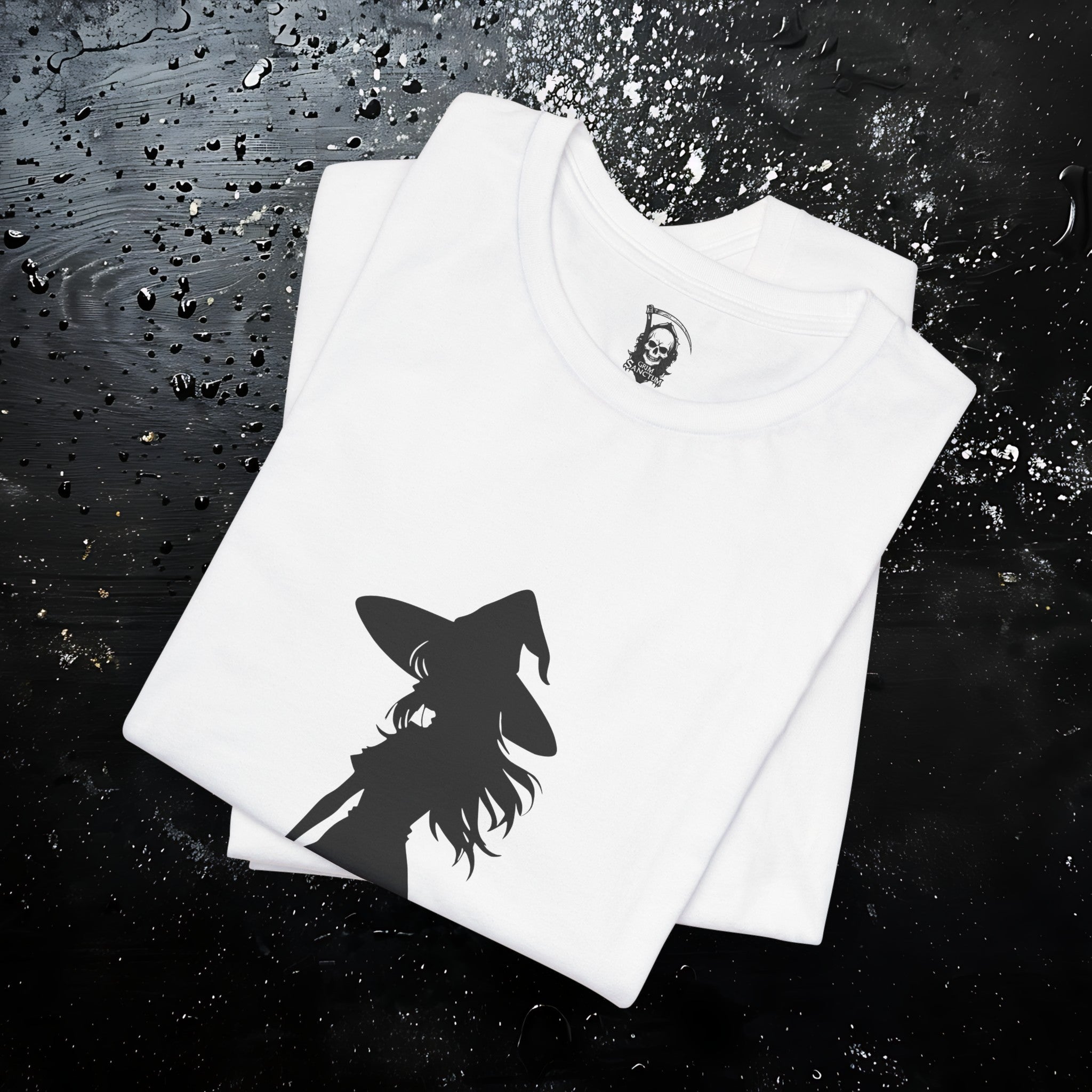 Wicked Witch Silhouette T-Shirt - Enchanting Gothic Style with Spine Print