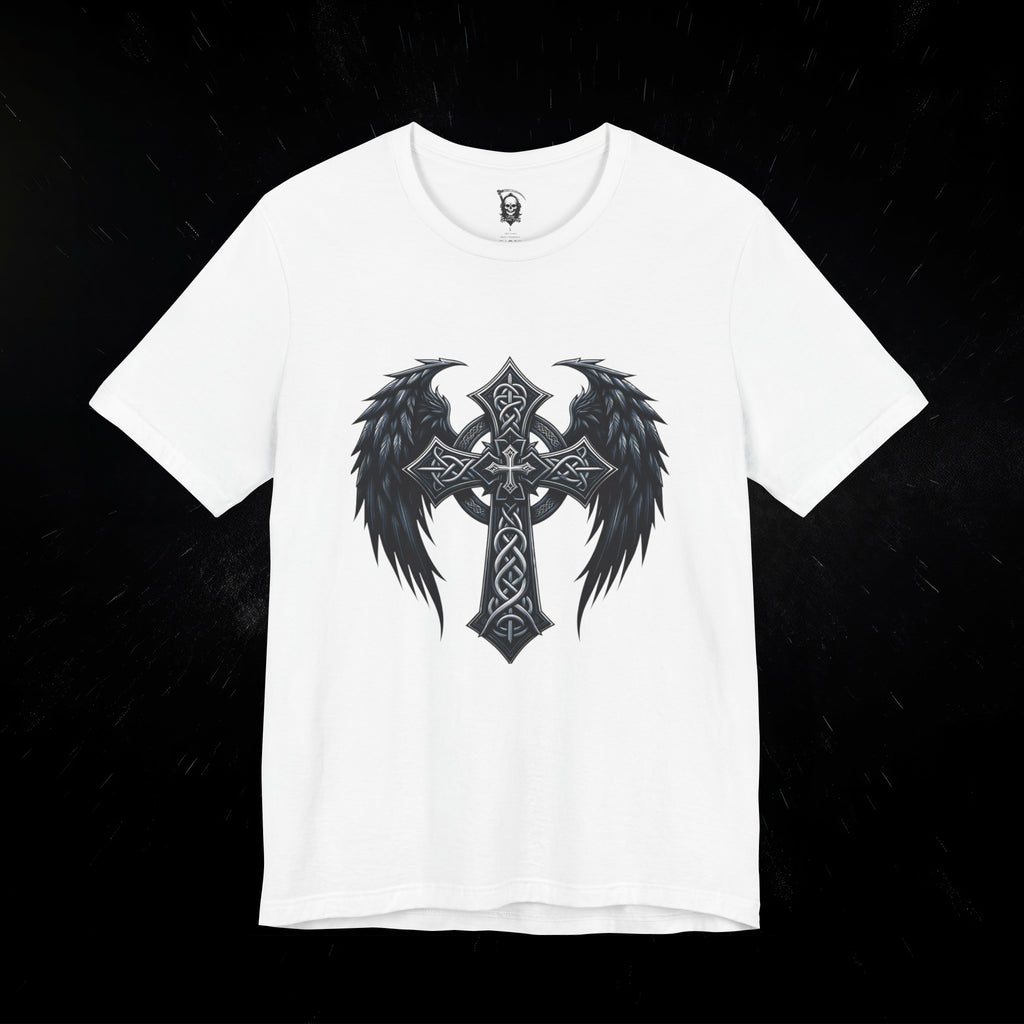 Gothic Celtic Winged Cross Unisex T shirt - Dark Elegance and Spiritual Mystique