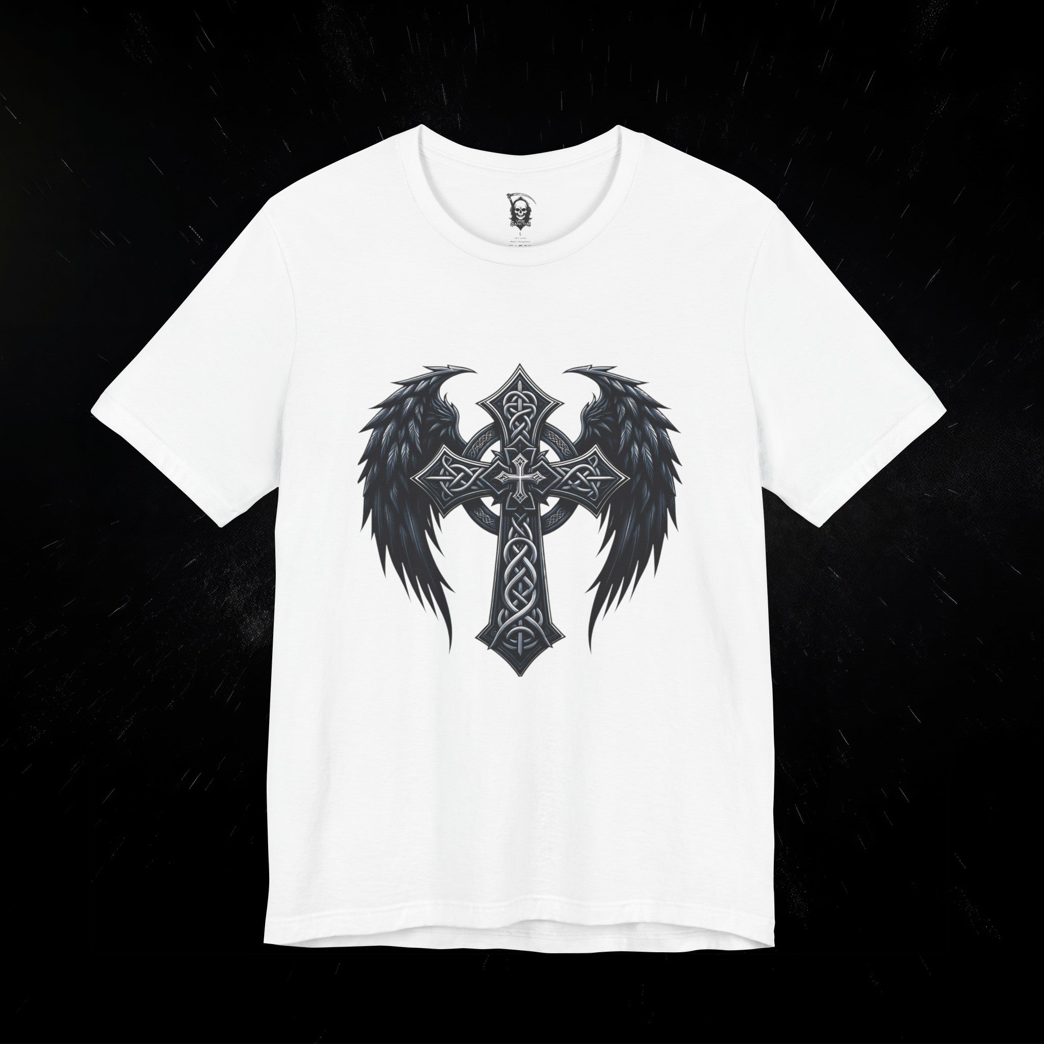 Gothic Celtic Winged Cross Unisex T shirt - Dark Elegance and Spiritual Mystique
