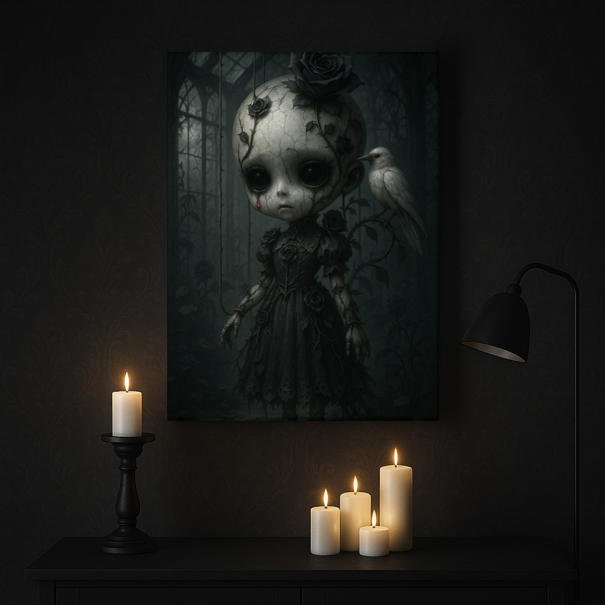 Enchanted Gothic Doll & White Raven Canvas Art – Cracked Porcelain Marionette in Moonlit Greenhouse | Surreal Dark Fantasy Wall Decor
