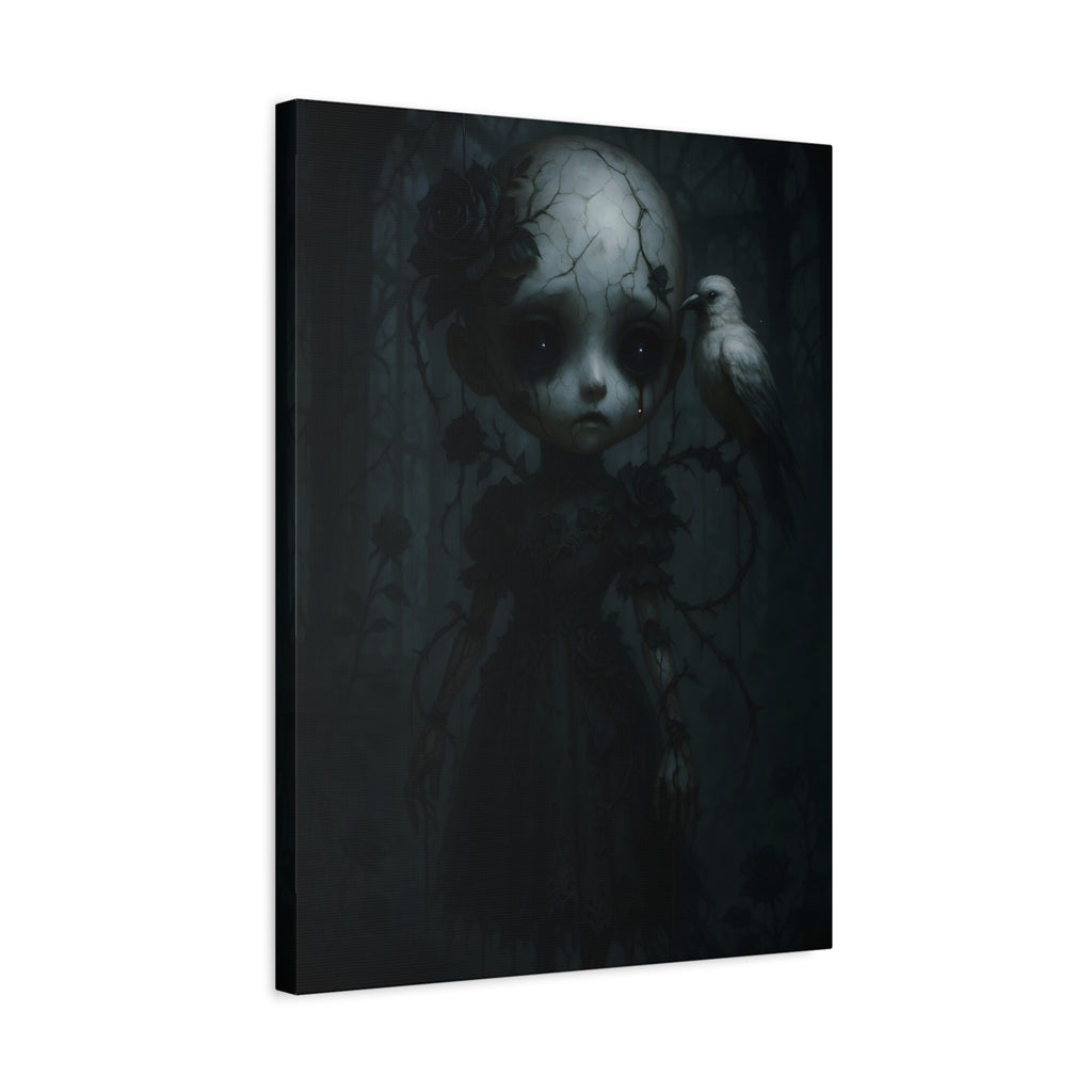 Gothic Cracked Doll Canvas Art with Raven – Dark Victorian Surreal Wall Decor | Haunted Gothic Home Accent