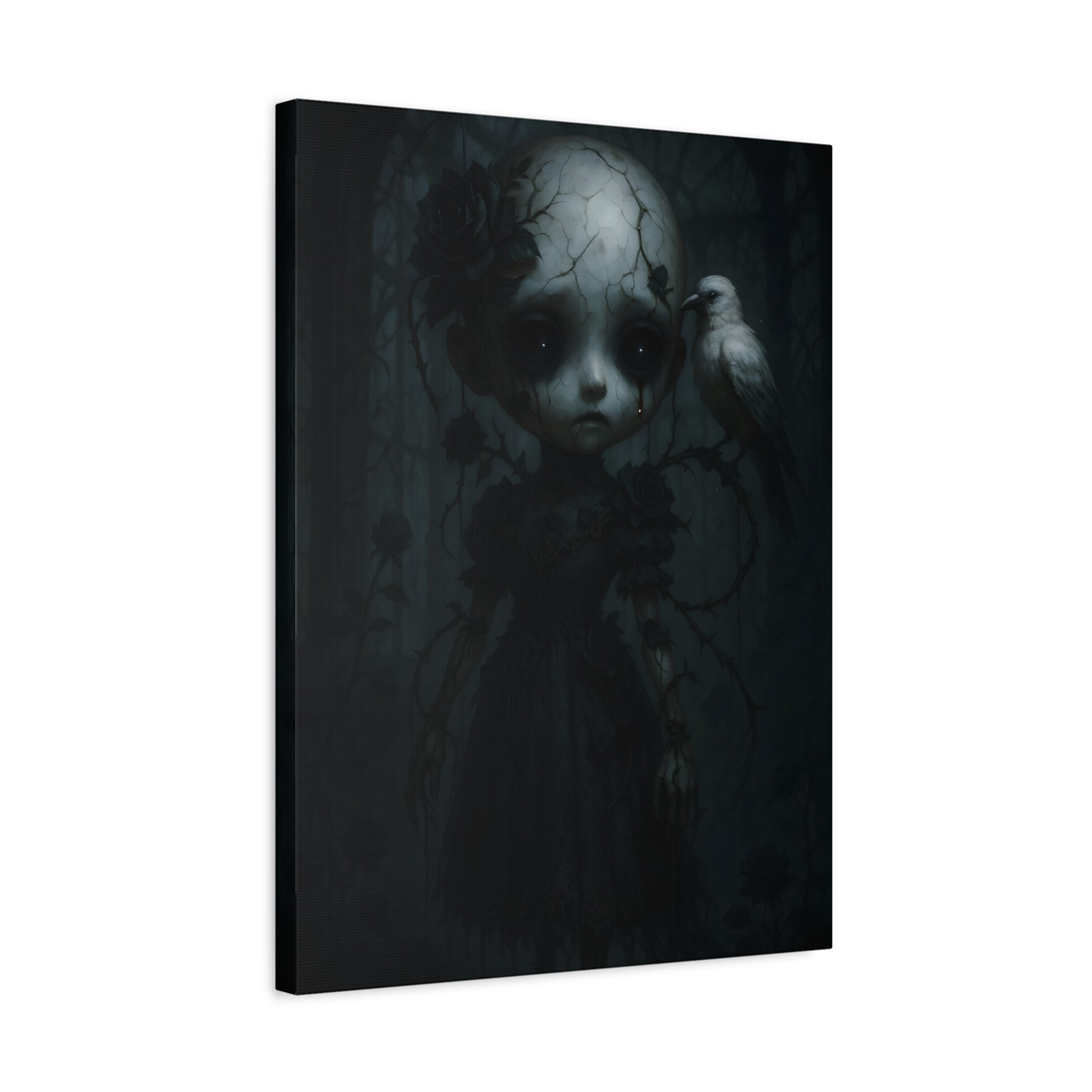 Gothic Cracked Doll Canvas Art with Raven – Dark Victorian Surreal Wall Decor | Haunted Gothic Home Accent