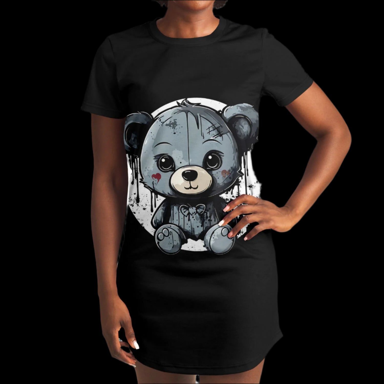 Woman wearing the Distressed Teddy Bear T-Shirt Dress.
