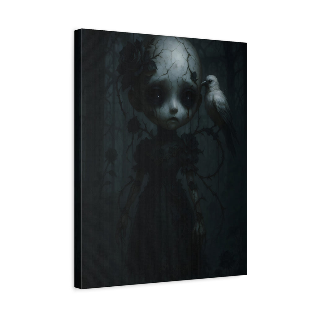 Gothic Cracked Doll Canvas Art with Raven – Dark Victorian Surreal Wall Decor | Haunted Gothic Home Accent