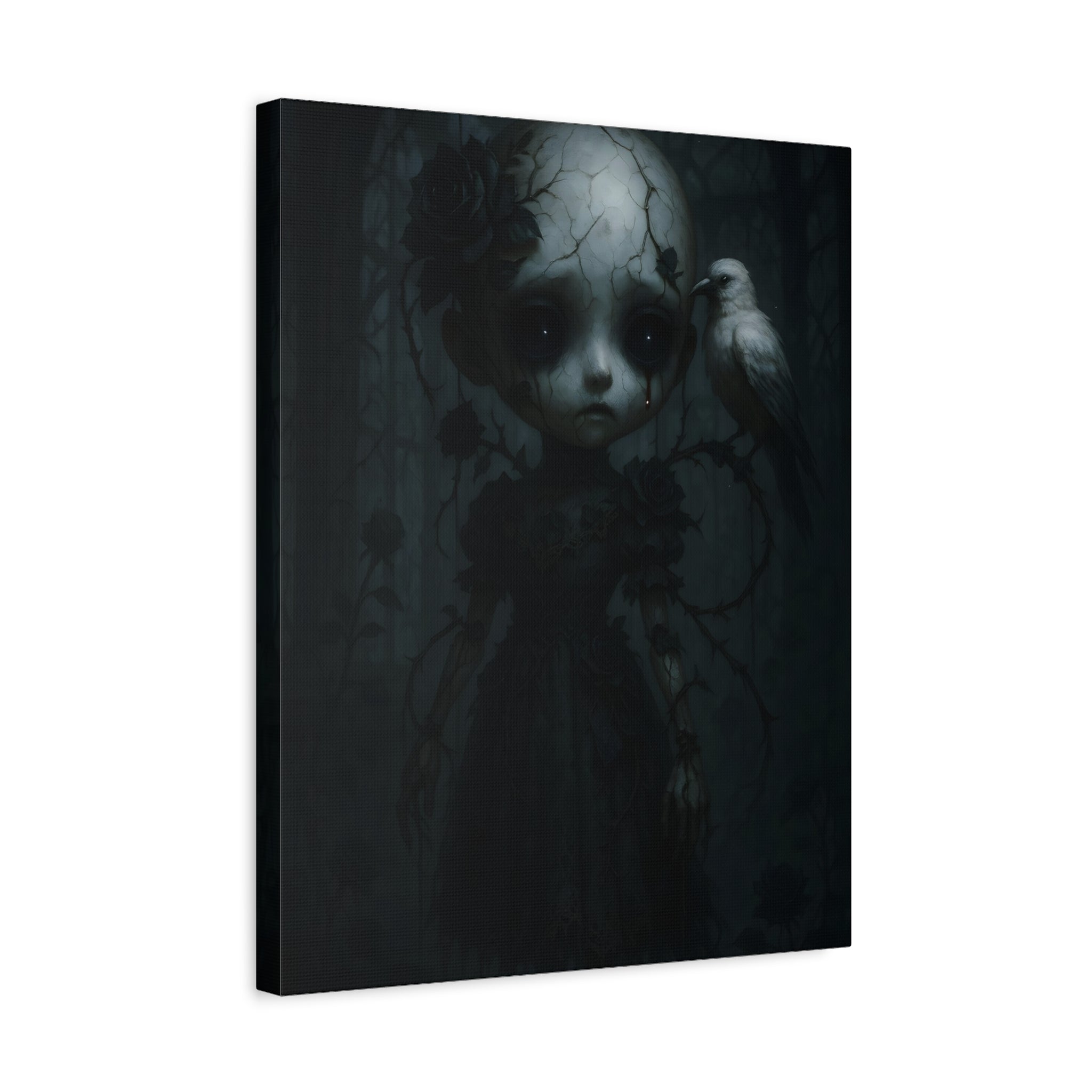 Gothic Cracked Doll Canvas Art with Raven – Dark Victorian Surreal Wall Decor | Haunted Gothic Home Accent