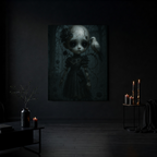 Gothic Cracked Doll Canvas Art with Raven – Dark Victorian Surreal Wall Decor | Haunted Gothic Home Accent