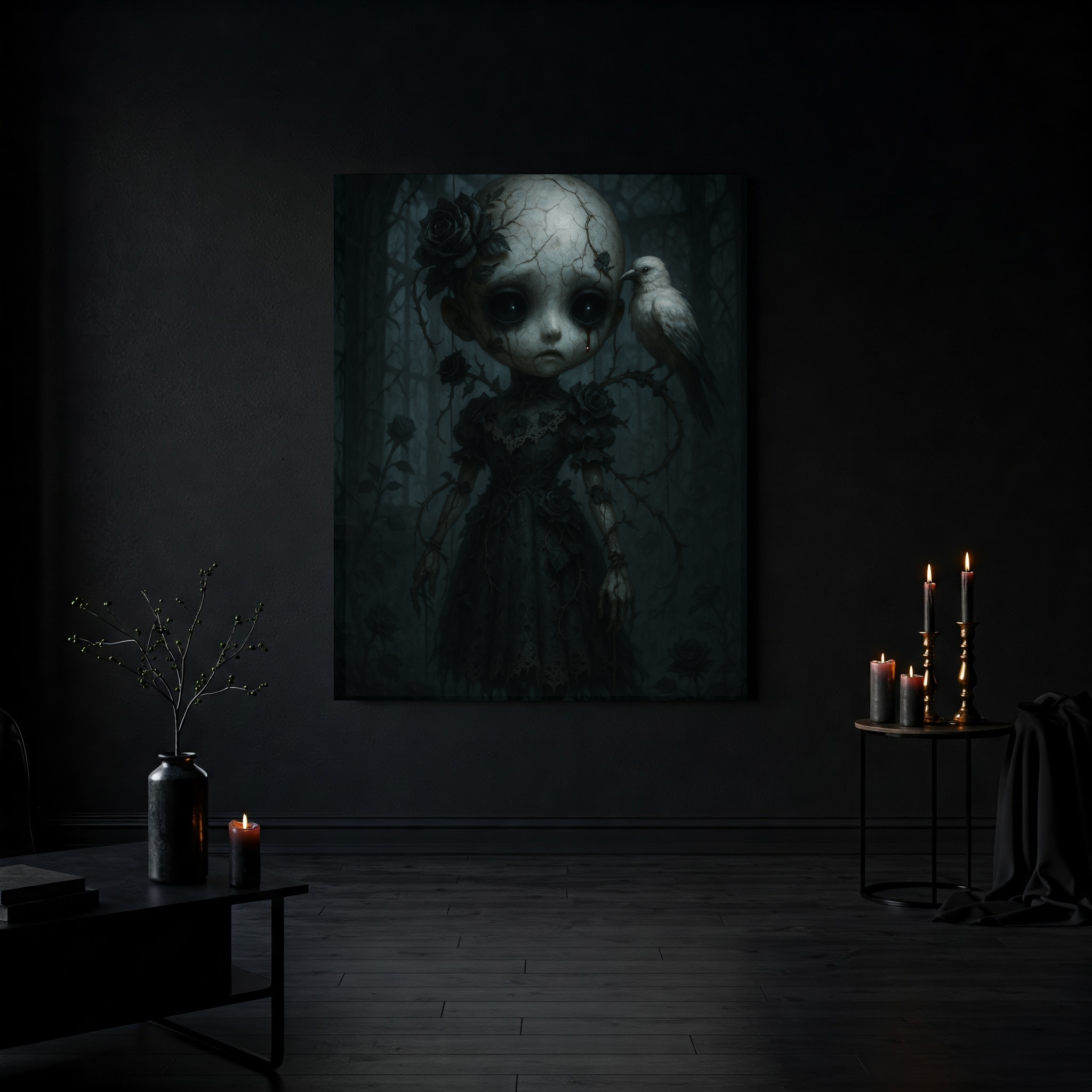 Gothic Cracked Doll Canvas Art with Raven – Dark Victorian Surreal Wall Decor | Haunted Gothic Home Accent