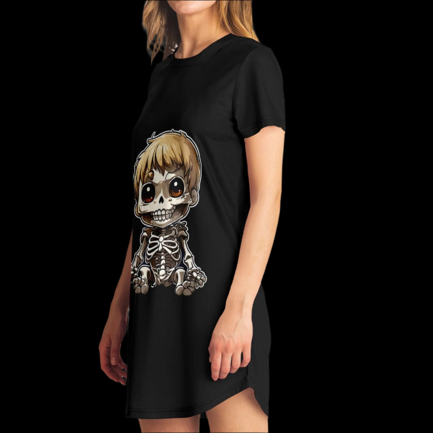 Woman wearing the Little Horrors Skeleton T-Shirt Dress