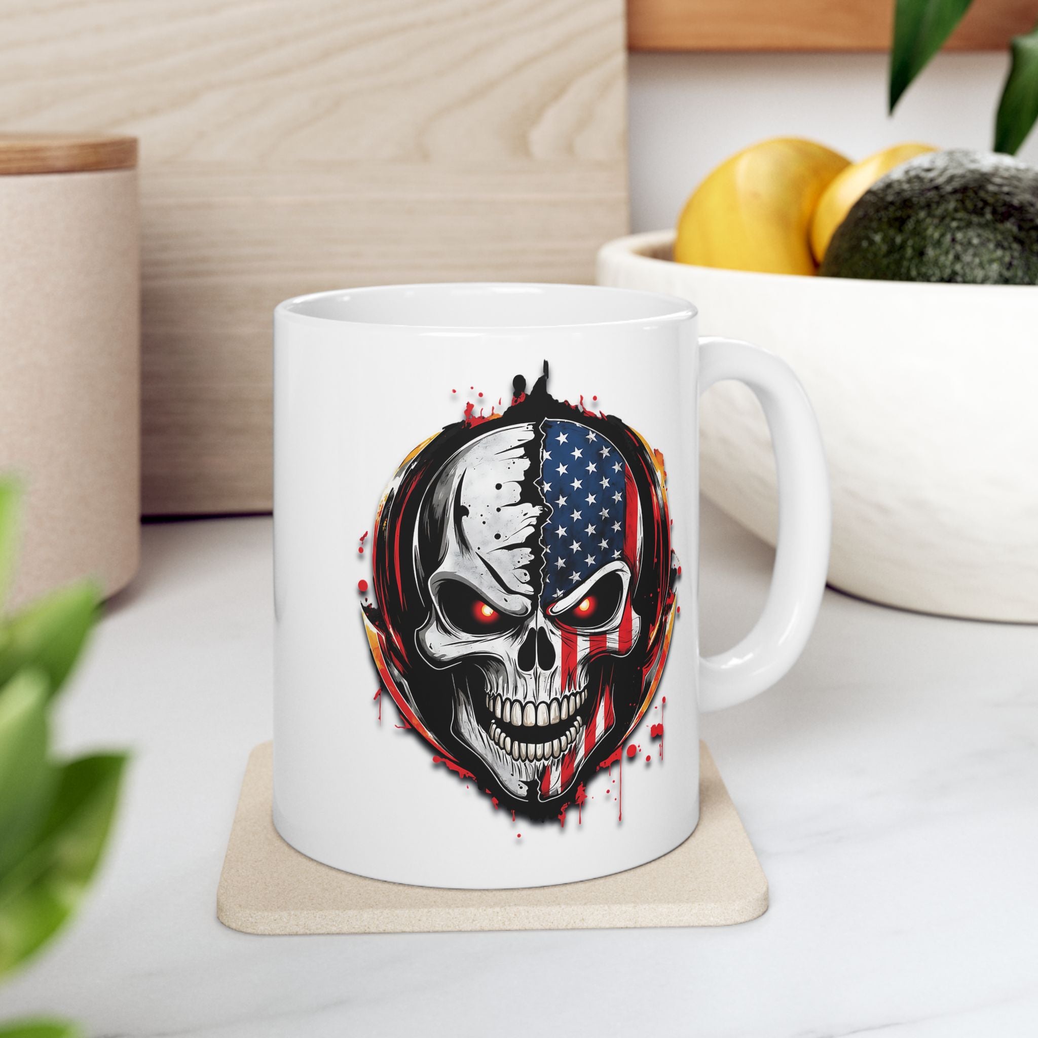 Patriotic Skull Mug – American Flag Gothic Coffee Cup