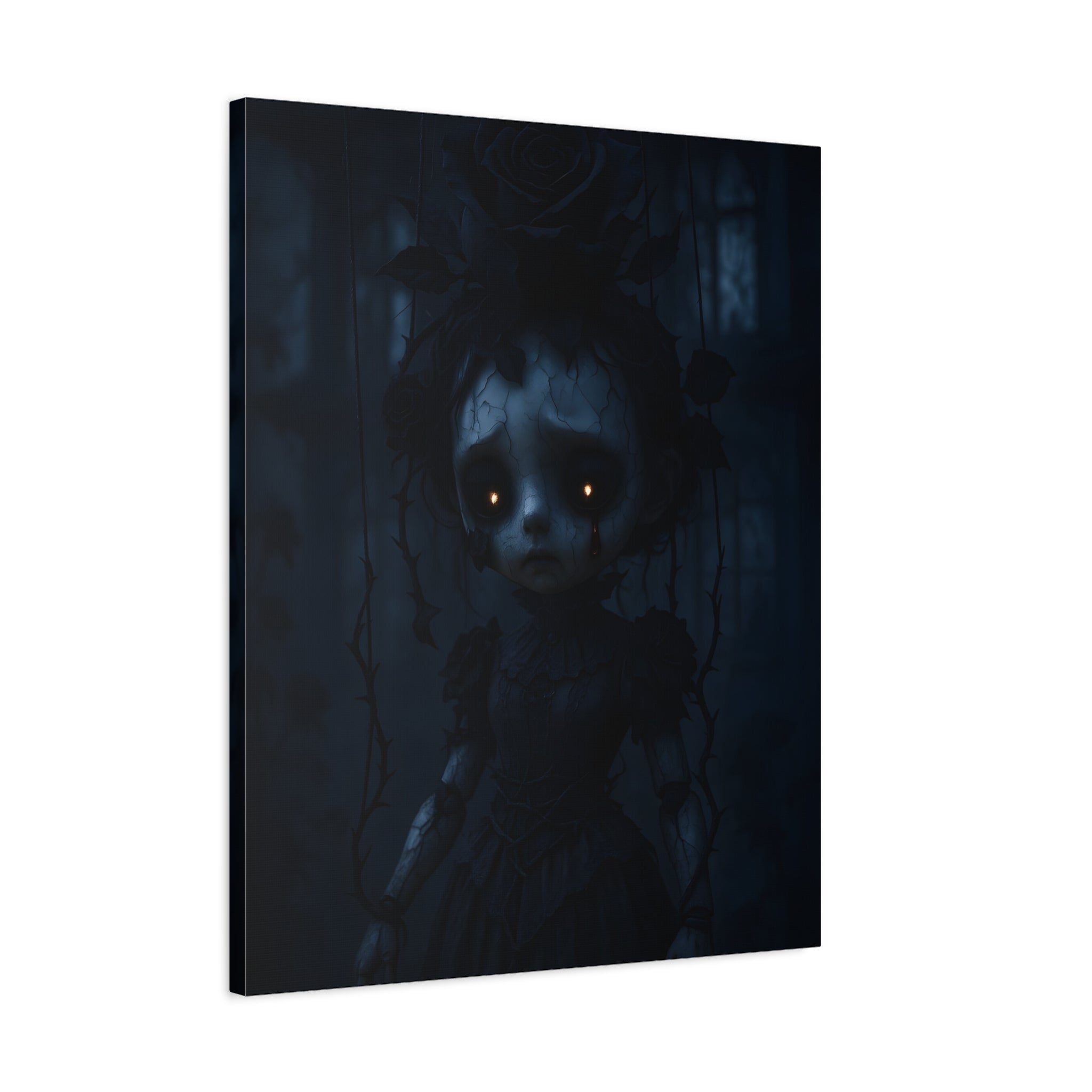 Gothic Dark Rose Marionette Canvas Art – Haunted Victorian Doll Wall Decor | Edgy Surreal Gothic Home Accent