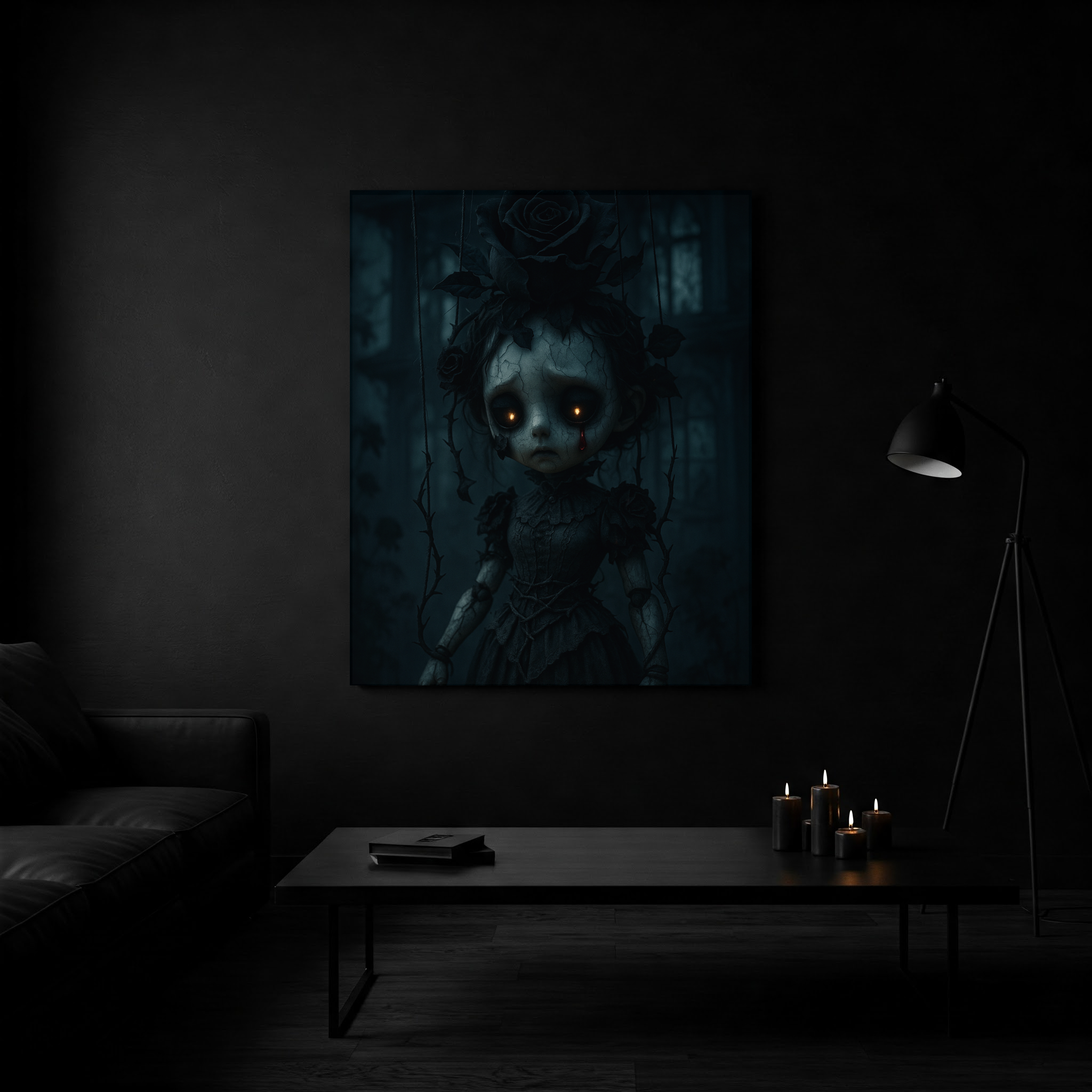 Gothic Dark Rose Marionette Canvas Art – Haunted Victorian Doll Wall Decor | Edgy Surreal Gothic Home Accent