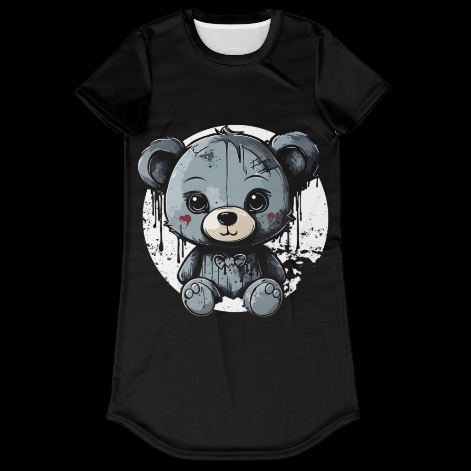 Close-up of the distressed, stitched-up teddy bear illustration on the T-Shirt Dress.