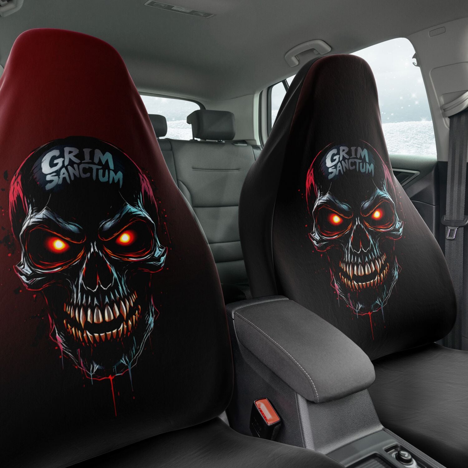 Grim Sanctum Sinister Skull Car Seat Covers - Red & Black, Protective & Stylish (Set of 2)