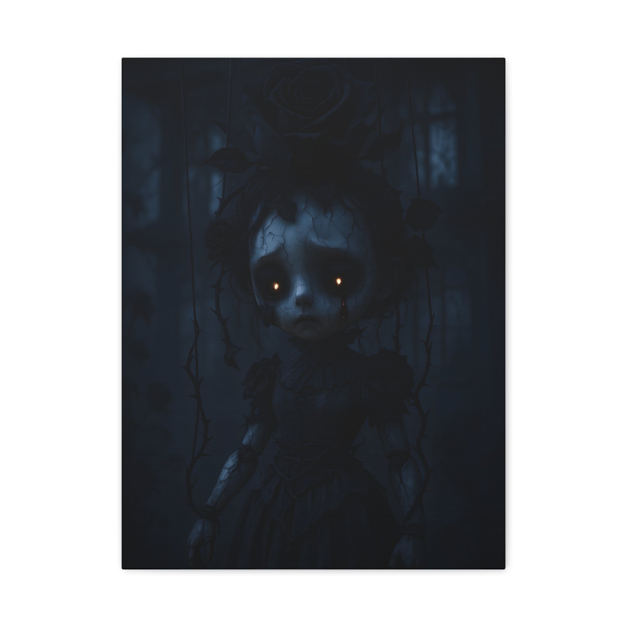 Gothic Dark Rose Marionette Canvas Art – Haunted Victorian Doll Wall Decor | Edgy Surreal Gothic Home Accent