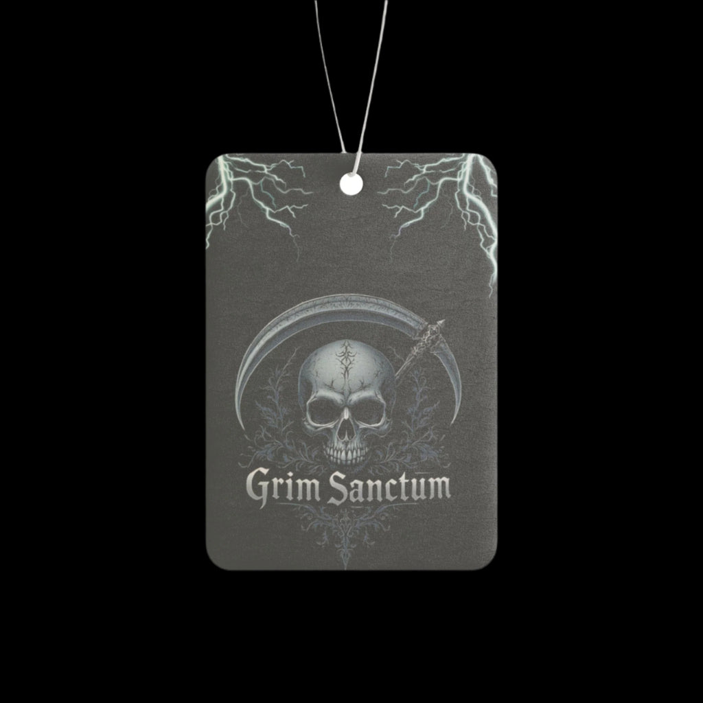 Grim Sanctum Dark Ice Car Air Freshener featuring the Grim Sanctum skull and scythe logo.