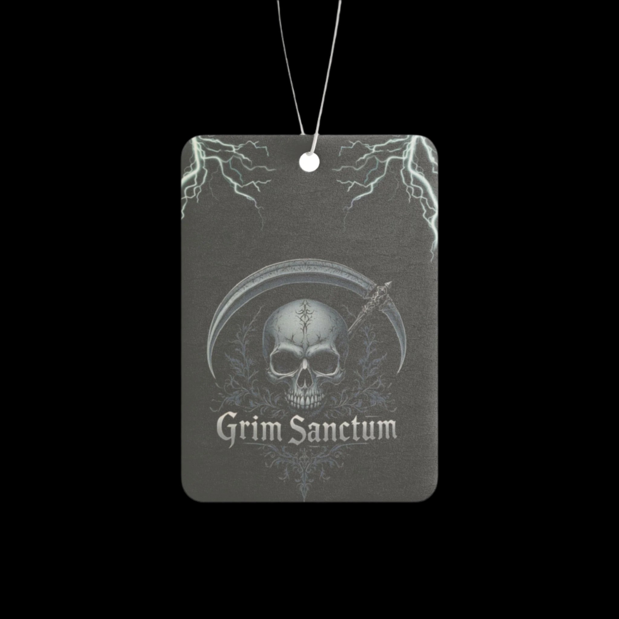 Grim Sanctum Dark Ice Car Air Freshener featuring the Grim Sanctum skull and scythe logo.