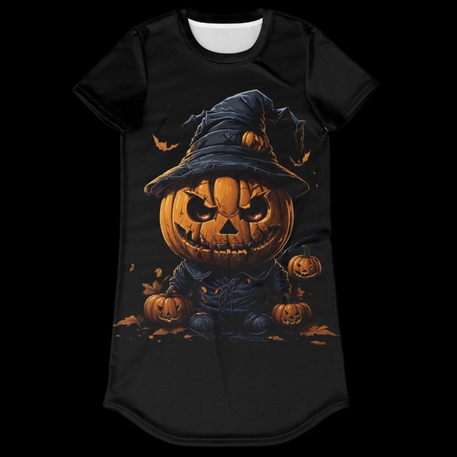 Close-up of the creepy jack-o'-lantern face on the Scarecrow Halloween T-Shirt.