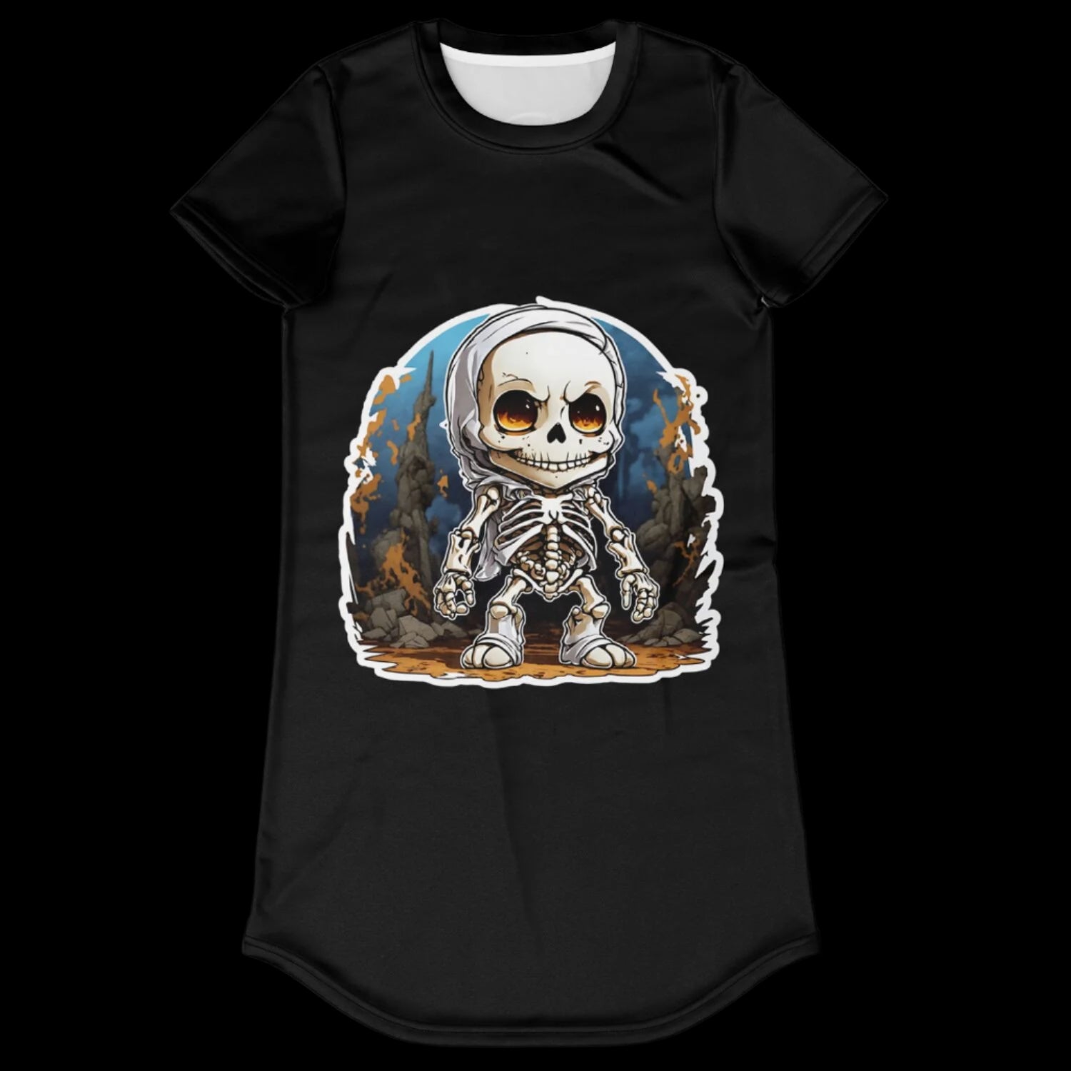 Close-up of the chibi-style Rusty Ribs illustration on the Little Horrors T-Shirt Dress.