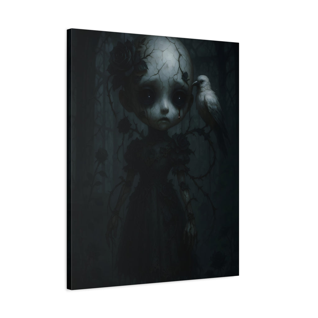 Gothic Cracked Doll Canvas Art with Raven – Dark Victorian Surreal Wall Decor | Haunted Gothic Home Accent