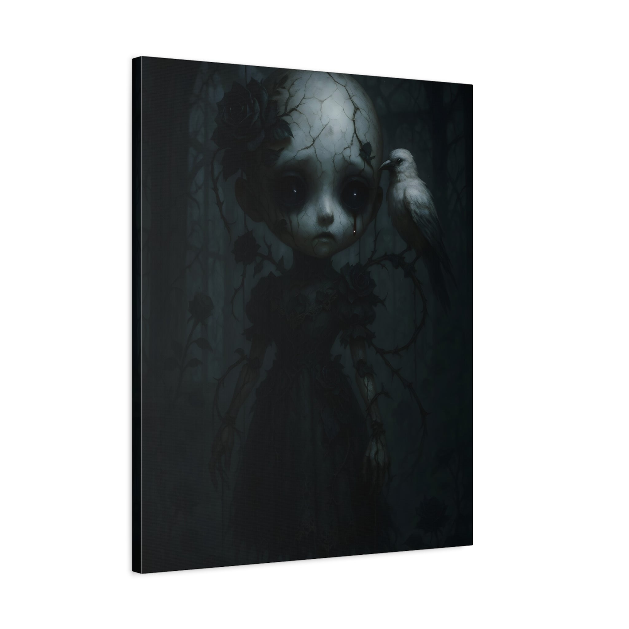 Gothic Cracked Doll Canvas Art with Raven – Dark Victorian Surreal Wall Decor | Haunted Gothic Home Accent