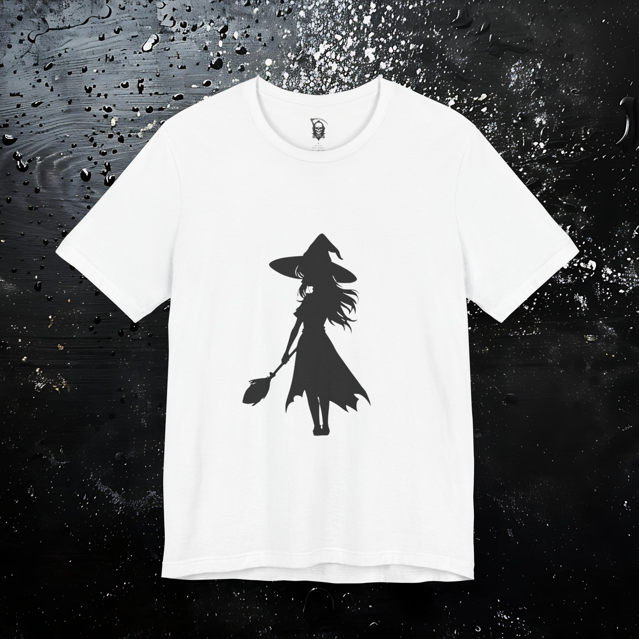 Wicked Witch Silhouette T-Shirt - Enchanting Gothic Style with Spine Print