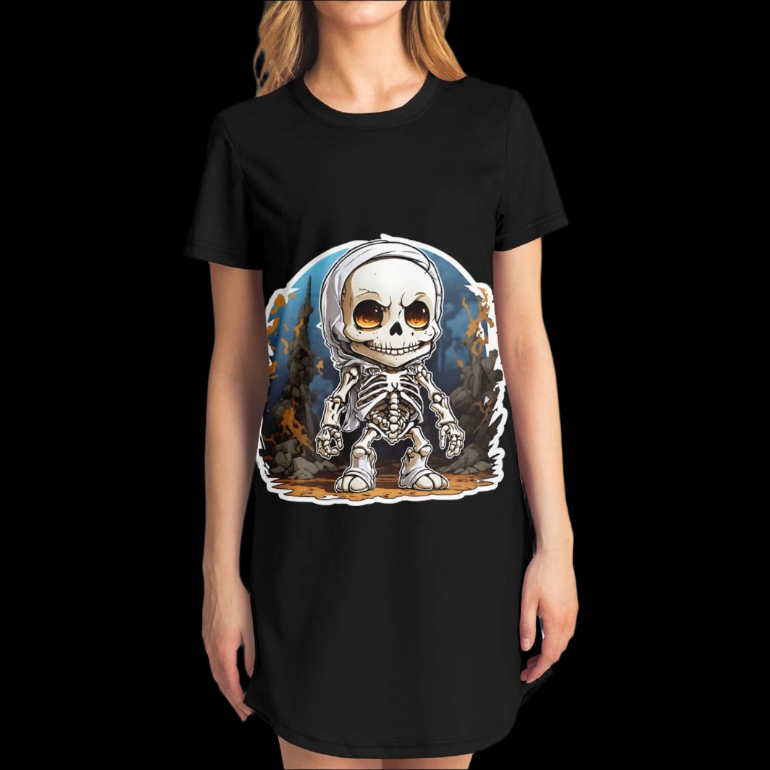 Woman wearing the Little Horrors Rusty Ribs Skeleton T-Shirt Dress.